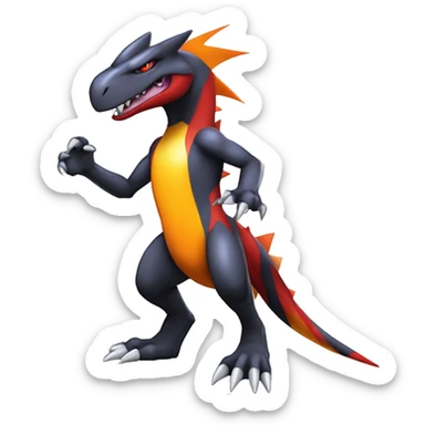 Black, Red, Orange, Yellow, White, Modern, Cool, Edgy, Badass Punk-style Garchomp-Charmeleon-Sergal Fakémon-Digimon with sharp edgy striking detailed stripe-markings,  full body sticker