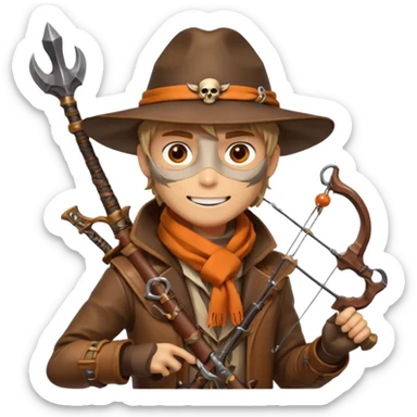 male human monster hunter emoji, wearing brown leather coat and wide hat, holding crossbow or rifle, with amulet shaped like skull, Halloween fantasy theme, confident smile, orange scarf, Apple emoji style, clean white background, square image sticker