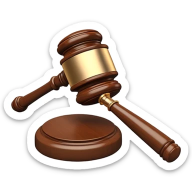 An emoji representing justice and penalty. A wooden judge's gavel striking a sound block, symbolizing a legal decision or punishment. The design is simple, 3D, and slightly glossy, resembling official court decisions sticker