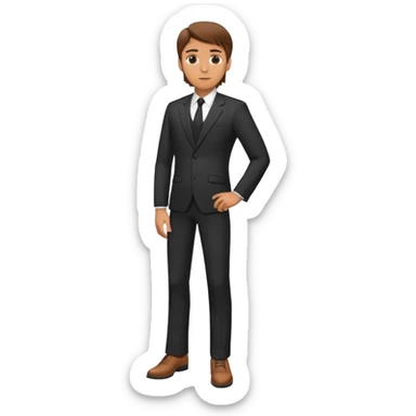 Caucasian male, brown hair, standing wearing dark suit and shoes, with hands on hips sticker