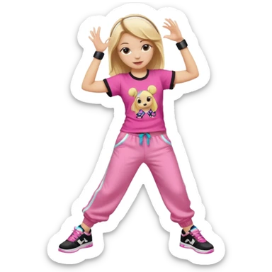 Hiphop dancer, with cute big pants, sneakers, and t-shirt. White girl blond. Coloufull shirt. No pocket pants. Dancing. No orange. Pink and black. No sweatband on the wrist, music box behind her sticker