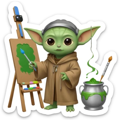 Baby Yoda in his brown robe listening music on his headphones, painting a picture on an easel and surrounded by paint pots. sticker