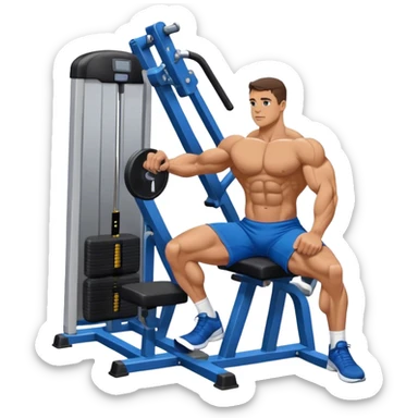 side-view bodybuilder in blue shorts seated weighted calf-raise machine on his tip toes sticker