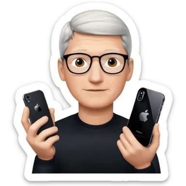 Tim Cook wiyh iphoine into his hands with one iphone the neweswt one sticker