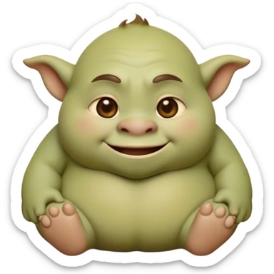 Cinematic Cute Ogre Portrait Emoji, with a surprisingly endearing, plump and huggable figure in soft earthy greens and browns, featuring big, kind eyes and a bashful smile, simplified yet irresistibly adorable, highly detailed with a soft glowing outline that captures the charm of a friendly giant who seems ready for a warm hug! sticker