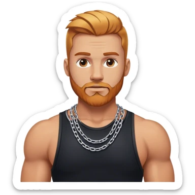Buff hot man selfie with thick silver chain link necklace and reddish blonde hair and beard with shaved sides of head and blond highlights on top in black tank top sticker