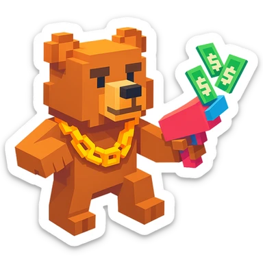 Russian grizzly bear in a rapper pose, wearing a chain and holding a money gun sticker