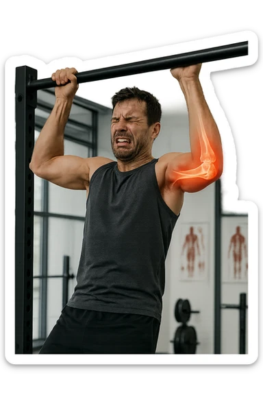 a man in gym attire is performing a pull-up on a bar when his face suddenly contorts in pain. His elbow is highlighted with a bright red glow, and a semi-transparent overlay reveals a visible tear or injury in the joint structures (such as ligaments or tendons). The background is a modern gym, with anatomical posters and equipment. sticker