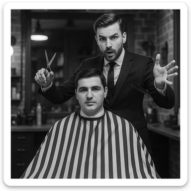 manashu akani yuzlaridan foydalanib sartarosh chizib bergin u soch olishga tayyor turganini chizib ber old rakursda bulsin mijoz tugriga qarab utirganini va sartarosh uni orqasida turib bitta ulida qaychi, ikkta quli bilan tayyorgarlik kurib turganini chizib ber xuddi 1,2,3 boshladik degandey birdaniga ishga kirishib ketadigan dek tayyor bulib tursin sticker