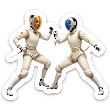 Two fencers in full protective gear and masks duel on a professional piste, swords clashing mid-air. Dynamic lunges and defensive stances highlight the intensity of the sport. The background features a stylized fencing arena with bright lights. Transparent background sticker