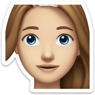 20 year old girl, dark blue eyes, middle part, long brown hair out, smiling, blue eyes. white skin sticker