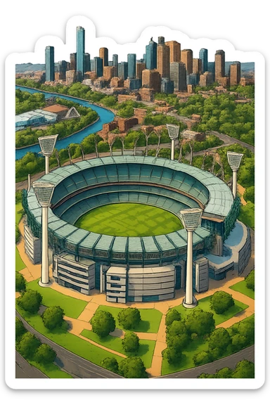 Изометричная, яркая, детализированная и фотореалистичная иллюстрация стадиона Melbourne Cricket Ground в стиле 3D-коллажей городов, насыщенные цвета, аккуратные и чёткие линии, мультяшно-реалистичная стилистика. Чёткие контуры, прозрачный фон, высокое качество. sticker