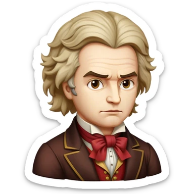 Cinematic Realistic Beethoven Portrait Emoji, depicted as a passionate composer with intense expressive features in period attire, rendered with rich textures and dramatic moody lighting that captures the turbulent genius of his music. sticker