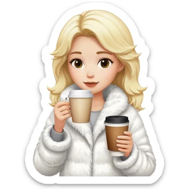 blonde girl wearing white fluffy jacket and a coffee to go in hand sticker