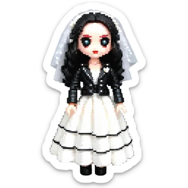 Chucky's bride doll wearing a black dress and black leather jacket, with dark makeup sticker