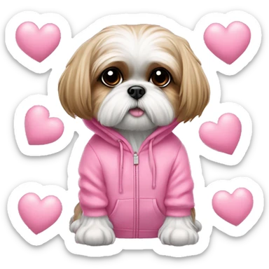 one very cute shih tzu girl and one maltaise dog wearing a pink hoodie with hearts sticker