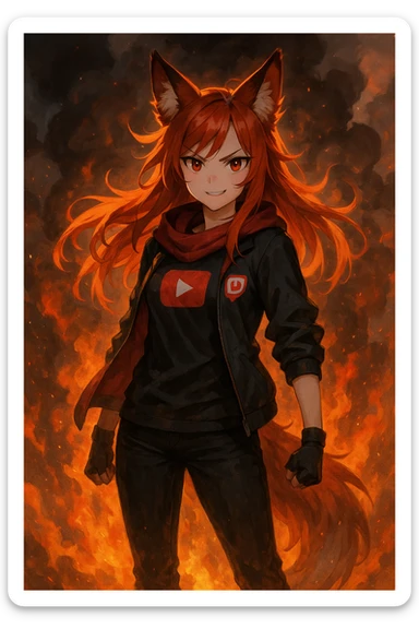 THE TWITCH AND YOUTUBE CHARACTER "ARIFOX_VT" STANDING IN FRONT OF SMOKE AND FIRE sticker