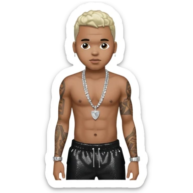 Chris Brown with black sequin baggy pants, shirtless with necklace sticker
