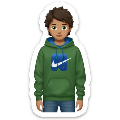 a 14 year old slightly tanned teenage boy with dark brown tousled wavy hair, dark brown eyes wearing a green tshirt, a dark green hoodie, blue jeans and green nike air jordans sticker
