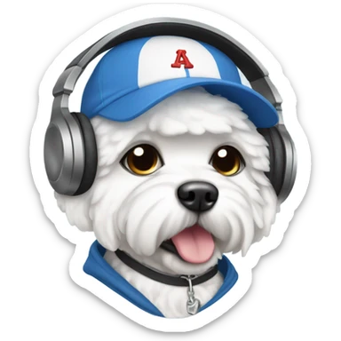 A Bichon wearing a baseball cap and headphones and a hoodie  sticker