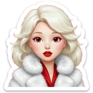 A beautiful, cute girl with red lipstick on her lips is posing for a photo in a white fur coat, and she's seen in full view, blowing a kiss. sticker