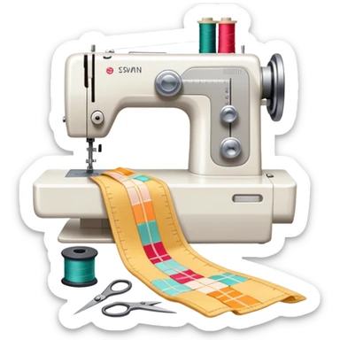 Sewing icon, measuring tape, pins, scissors, and a dress in progress, sewing machine with thread, visible needle, spools of thread, fabric pieces cut according to patterns, minimalistic style, clean lines, transparent background. sticker