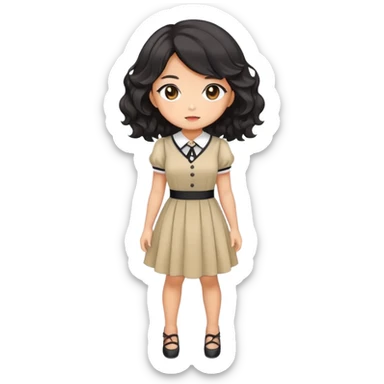 Cute kawaii gorgeous anime lady with black wavy hair wearing a soft feminine dress but looking confident like a boss lady sticker