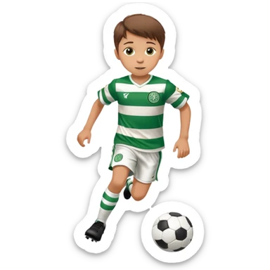 Celtic footballer jersey logo  6 years old brown hair white boy , stripes uniform , RUNNING  with soccer ball # 17 celtic football logo PUT ONLY ONE LOGO sticker