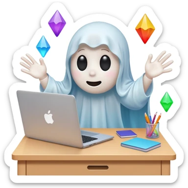 A cute ghost sits in front of a desk and is designing it with a laptop. see a laptop screen, and there is a photoshop screen on the screen. On the ghost surface, many shapes are leaving. sticker