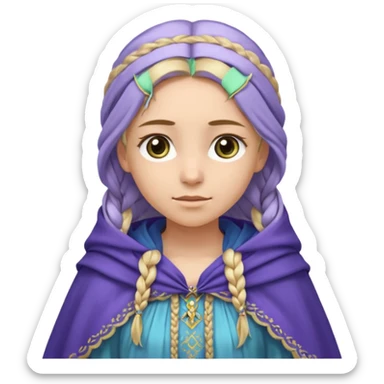 
mujer, Joven, de aspecto dulce y elegante.
Piel clara, ojos grandes y expresivos (pueden ser azules o verdes), sonrisa triste.
Rubio o castaño claro, largo, con trenzas o velo.
Vestido largo de tonos suaves (blanco, azul o lavanda), con bordados dorados; un manto o toca fina cubriendo la cabeza.
 sticker