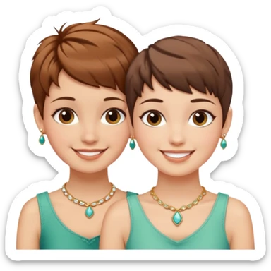 Fair skin and brown colored besties with brown hair pixie cuts wearing jewelry  both brown hair  sticker