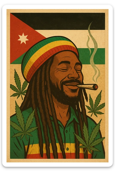 A digital vintage-style poster illustration of a Jordanian Rasta man with dreadlocks, wearing a red, yellow, green striped tam hat. He is smiling peacefully with a lit herbal spliff in his mouth. The background features the official Jordan flag — black, white, green horizontal stripes with a red triangle and a white 7-point star — accurately displayed behind him. Cannabis leaves are tastefully arranged around the composition, and the poster includes Rasta color textures blended with the Jordanian palette. Use a retro poster style with warm, slightly aged textures, bold outlines, and soft shading to evoke a soulful reggae vibe that honors both Jordanian pride and Rasta spirit. The mood is chill, powerful, and respectful sticker