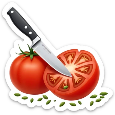 knife cutting a ripe red tomato sticker