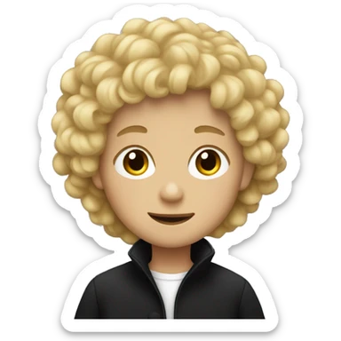 blonde boy with curly hair and a black coat sticker