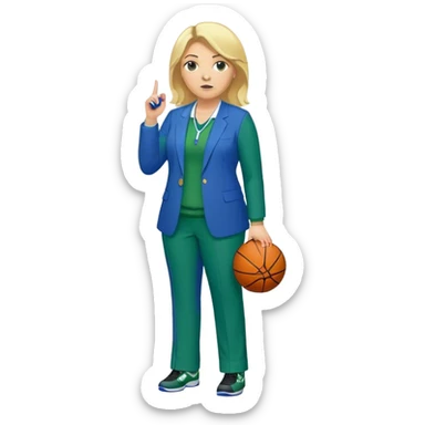 Full Body white plus size female basketball head coach with whistle  blonde hair shoulder length in a blue and green suit sticker