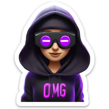 Russian girl wearing black hoody with violet letters "OMG", in vr headset oculus quest2. Dancing. Cyberpunk style. Violet neon. sticker