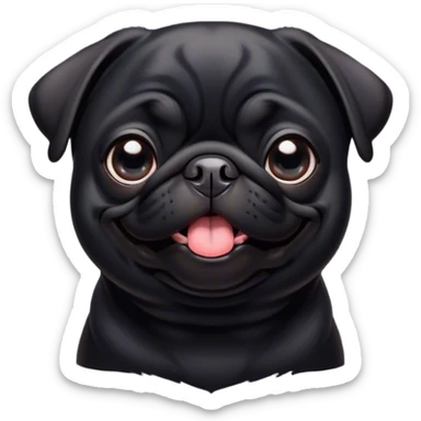 Cinematic Comical Black Pug Portrait Emoji, Head tilted dramatically with an exaggeratedly amused expression, featuring a sleek black coat with a glossy finish, wide, expressive dark eyes filled with playful disbelief, Simplified yet hilariously expressive features, highly detailed, glowing with a slightly sassy glow, high shine, dramatic yet playful, stylized with an air of cheeky mischief, bright and endearing, soft glowing outline, capturing the essence of a spirited and over-the-top companion, so meme-worthy it feels like it could side-eye its way into internet fame instantly! sticker