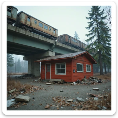  a screenshot of a location in a videogame  the image of the scene consists of:  [above-ground train freeway partially collapsed], a red 1980's construction wooden motel painted red, surrounded by war-torn pollution wreckage, wooded area sticker