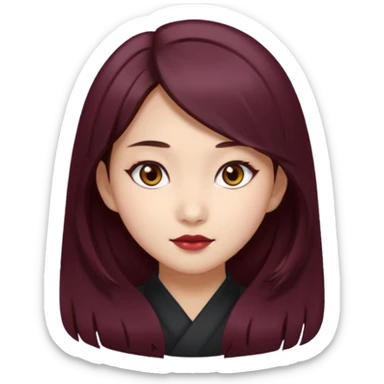 asian girl, long dark burgundy brown hair, hazel brown eyes, half lidded eyes, wolfcut hairstyle sticker