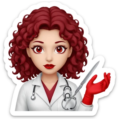 Lilith scalpel in hand, evil surgeon outfit.  She has red eyes. She has dark brown curly hair. Hair is long . Wears sexy doctor outfit with red gloves. Covers nose, neck and mouth with Muslims  sticker
