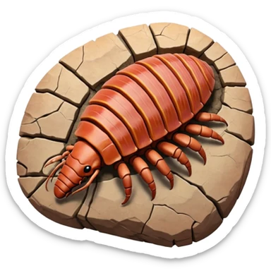 3D render of Trilobite, embedded in a chunk of rough sedimentary rock, cracked stone texture, ancient fossil aesthetic, fossilized in reddish sandstone rock, matte dry finish, Apple emoji style, isolated on white background --v 6.0 sticker