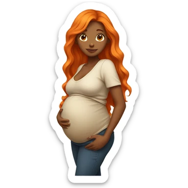 Tan girl with long orange hair holding pregnant stomach sticker