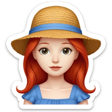 girl_wearing_summer_hat, red long hair, blue dress sticker