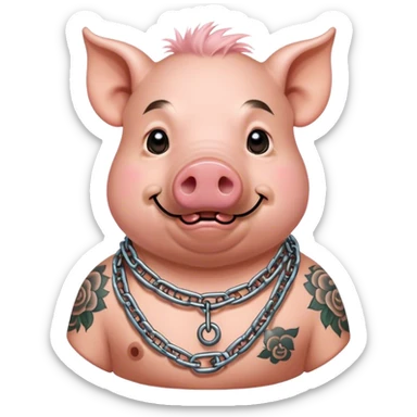Hairy pig, tatto on face with chain on the neck sticker