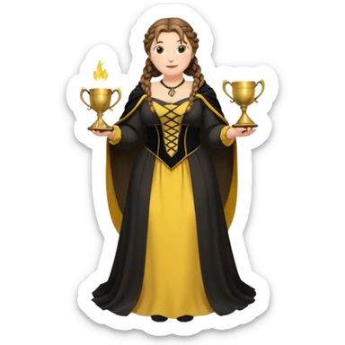 Helga Hufflepuff,brown-haired,2 braids,yellow-black medieval open dress,deep neckline,fat macromastia,black cloak decorated with gold braiding,gold cup with two handles,very kind smile,curvy busty sweet woman,round rosy cheeks,full length with medieval shoes sticker