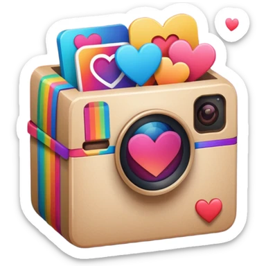 a box with an instagram logo on its face,  open with swipe files inside and hearts, likes  sticker
