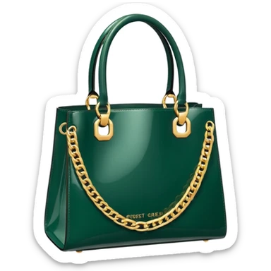 Realistic Luxury style forrest green patent leather tote bag, with detailed gold chains sticker
