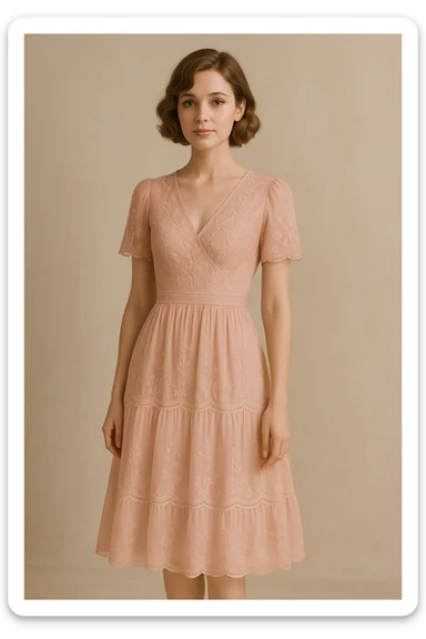 full body portrait of a woman with white skin, short wavy light brown hair, light makeup, wearing a pink dress with beautiful, delicate details, elegant and feminine sticker