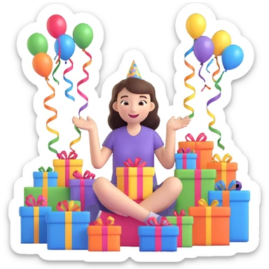 brunette girl opening birthday presents, excited, surrounded by gifts and streamers sticker