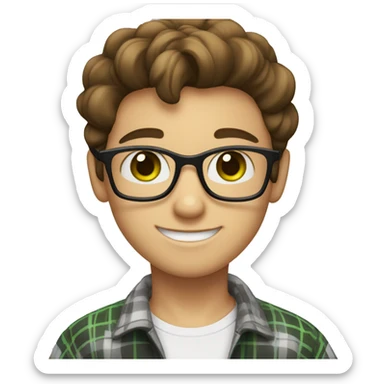 Draw a boy wearing glasses, a white t-shirt with a black and gray plaid shirt over it, he is smiling, he has white skin color, green eyes, and a nice hairstyle (dark brown hair). sticker